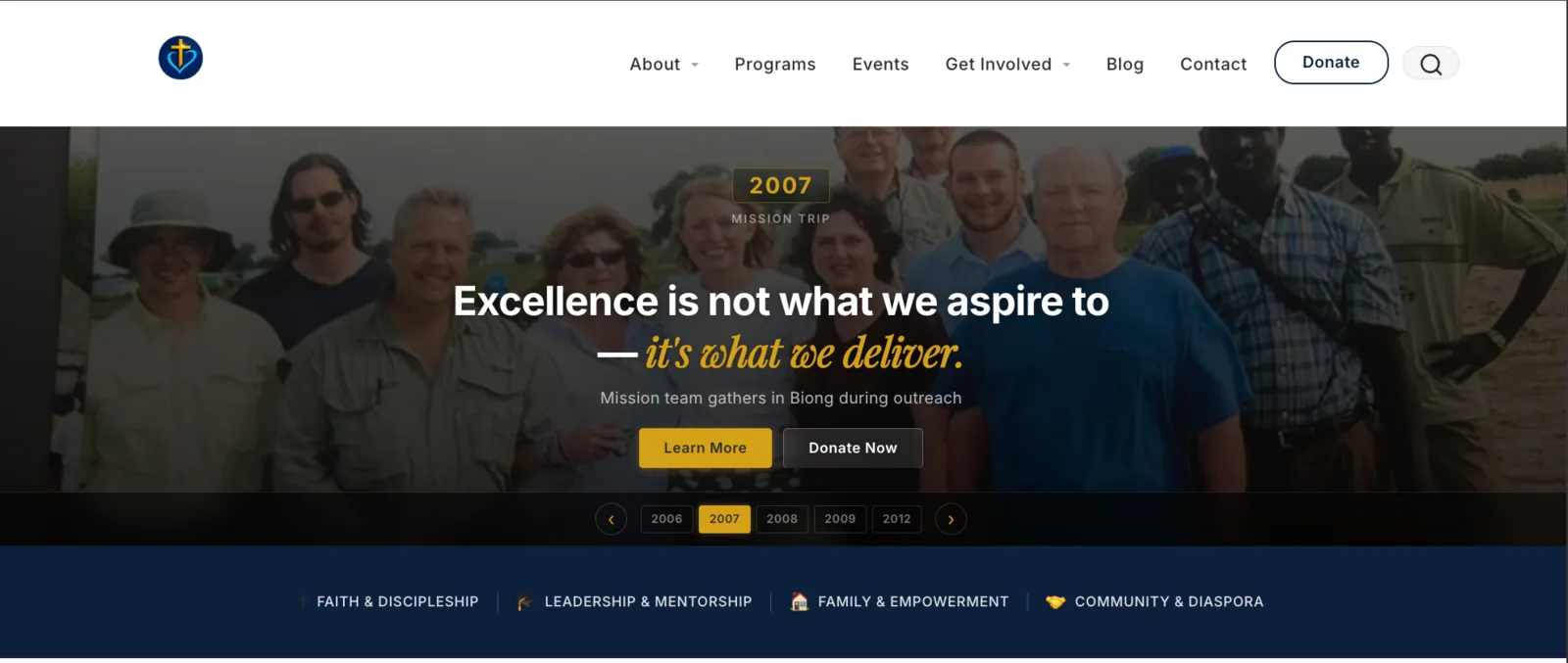 Y.E.T. Compassion homepage — Quarto-built institutional website featuring mission timeline, program directory, and donor pathways